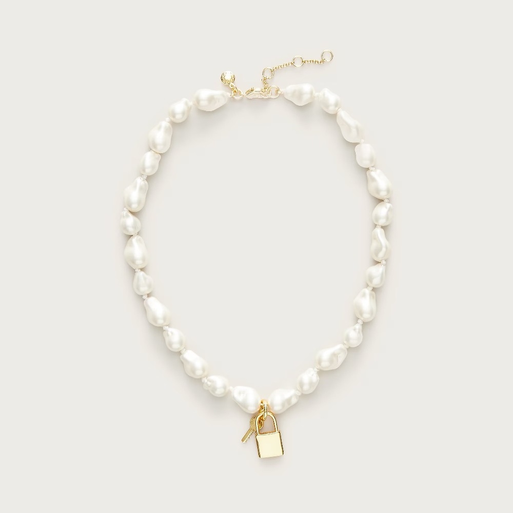 J Crew Baroque Pearl Necklace with Key Pendant in Brass NWT